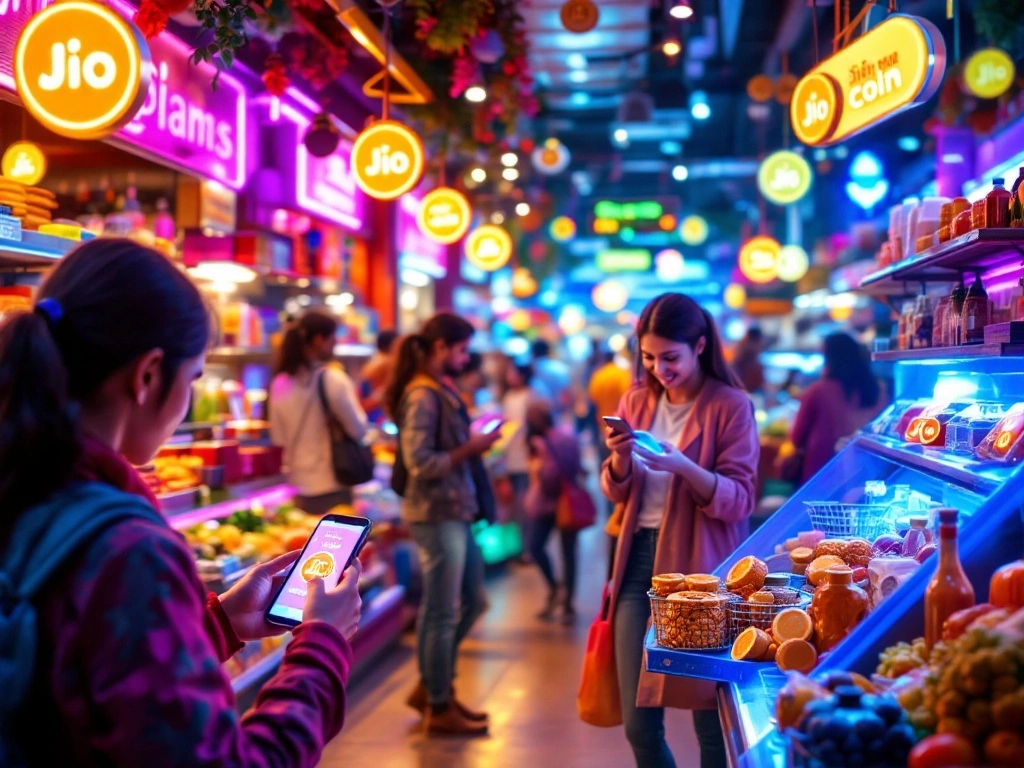 A vibrant indoor marketplace with neon-lit Jio signage, where shoppers are using their smartphones to pay with Jio coin for items like fruits and snacks, symbolizing discounts and digital convenience.
